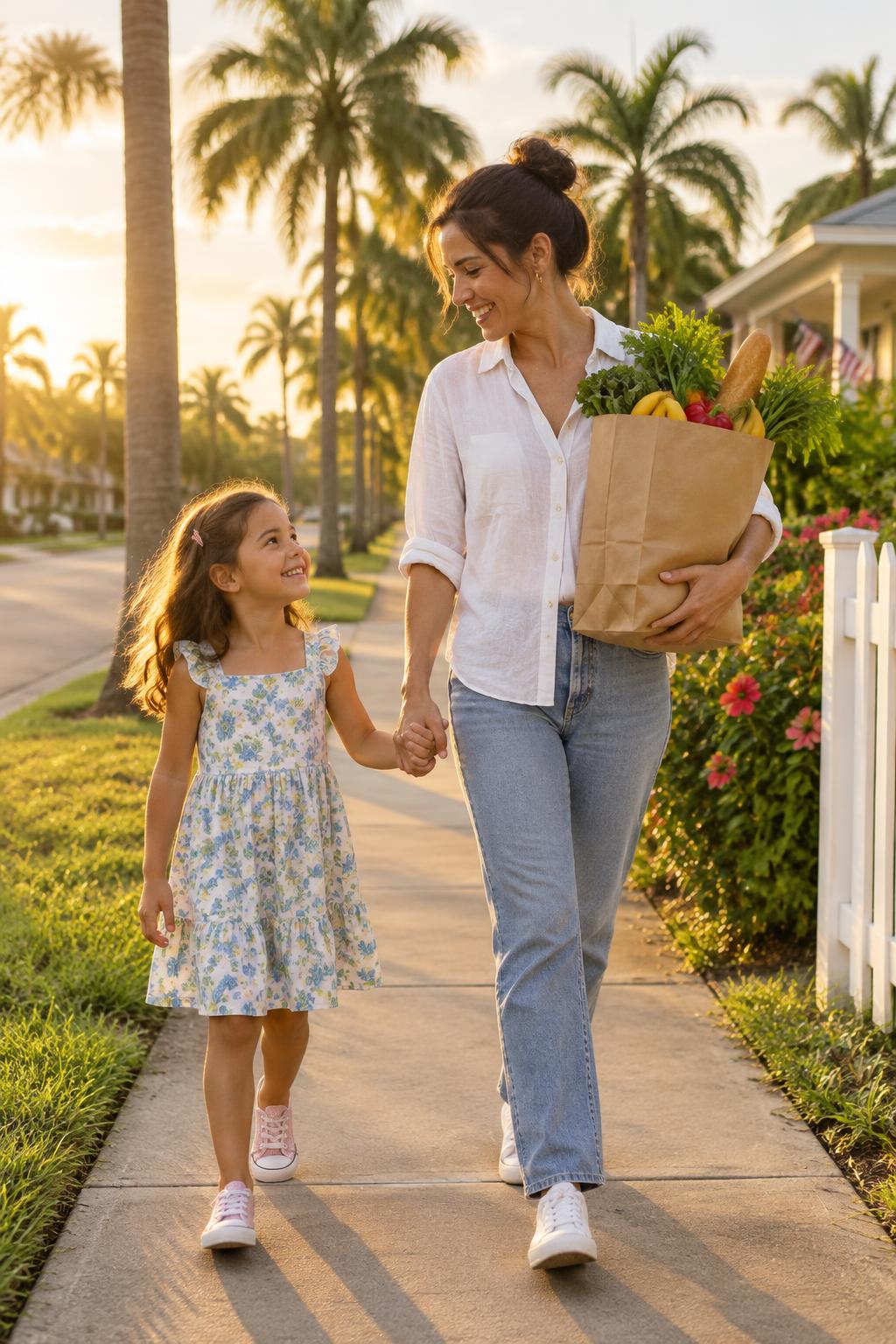 A mother and her daughter walking home together carrying a bag of fresh groceries
