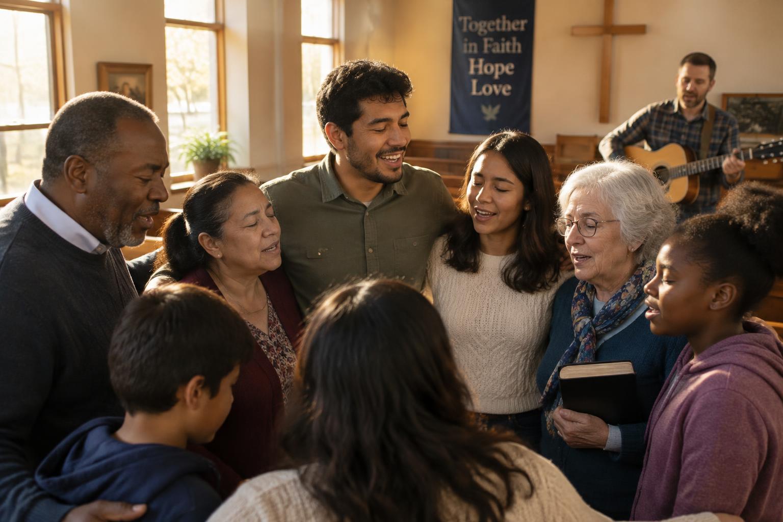 A small multicultural fellowship gathering in song and prayer