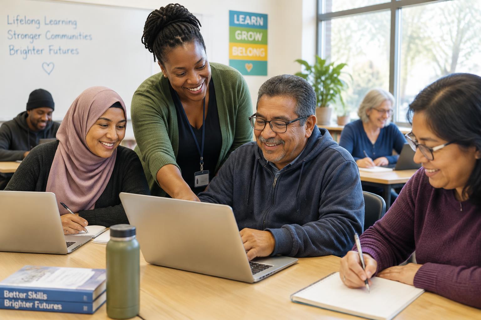 An instructor helping adult students learn together in a bright classroom