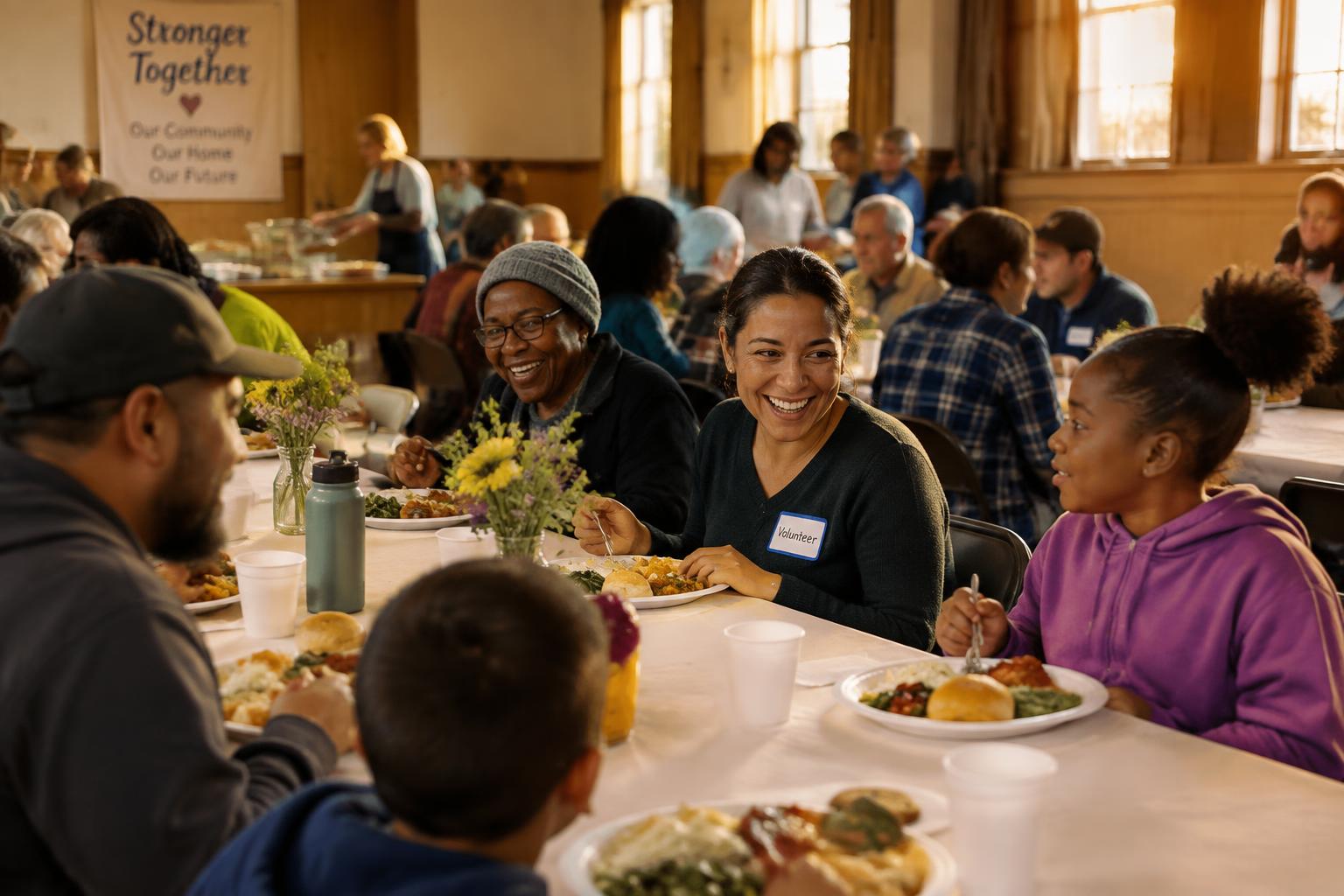 Volunteers and families sharing a meal together in a warm community hall