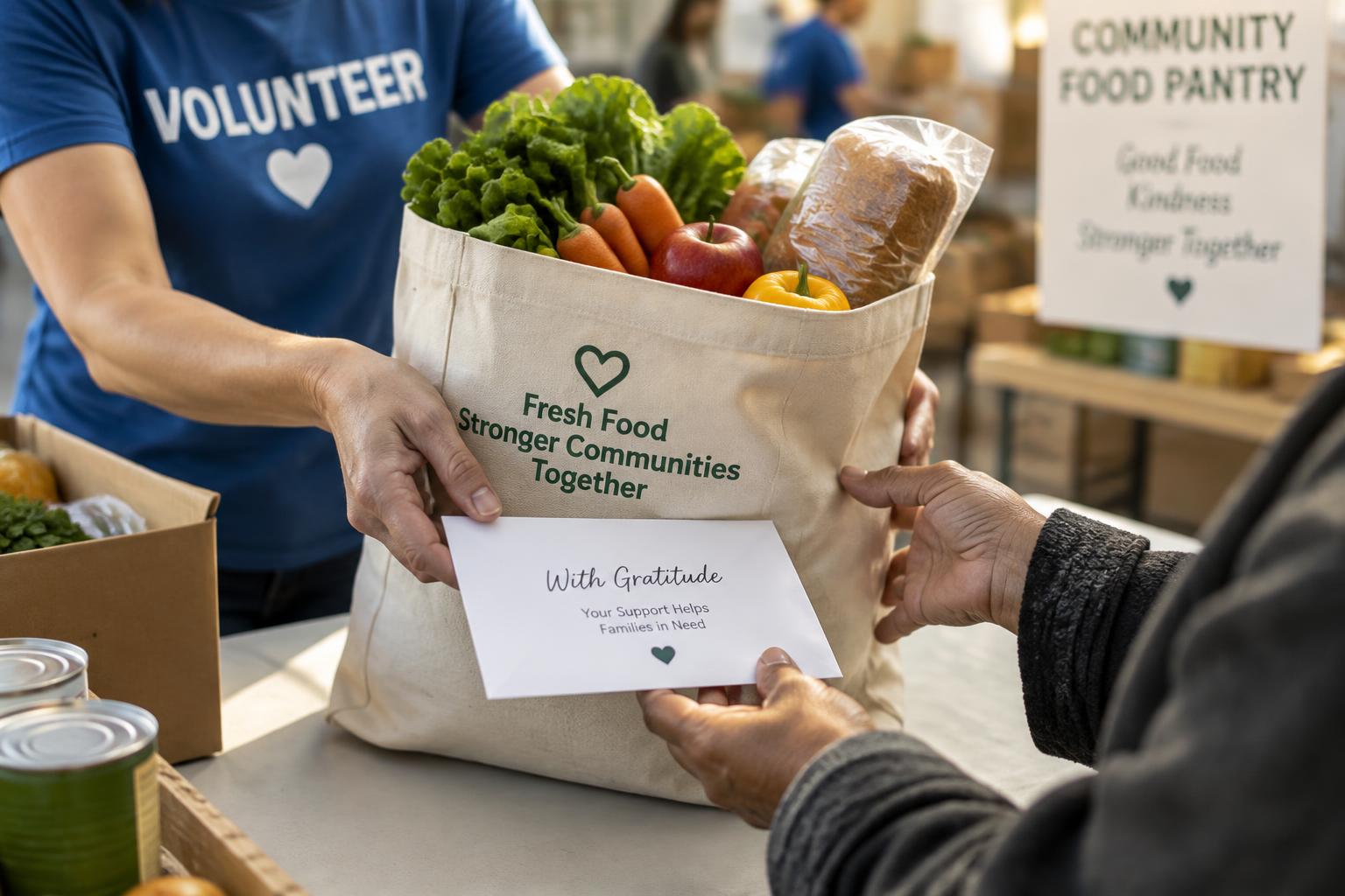A volunteer passing a bag of fresh produce into grateful hands
