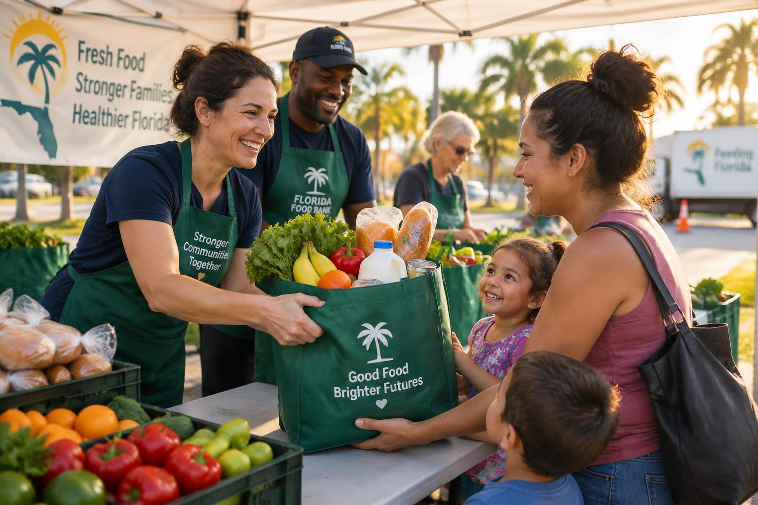 A volunteer handing bags of fresh groceries to a mother with her children at an outdoor distribution