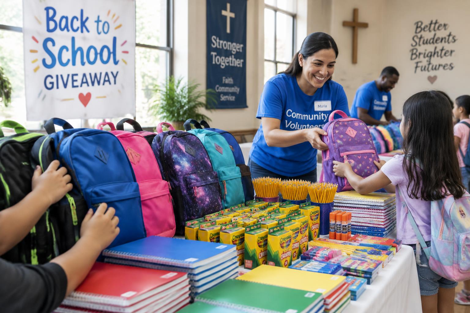 Colorful backpacks and school supplies laid out for the KidsGift back-to-school drive