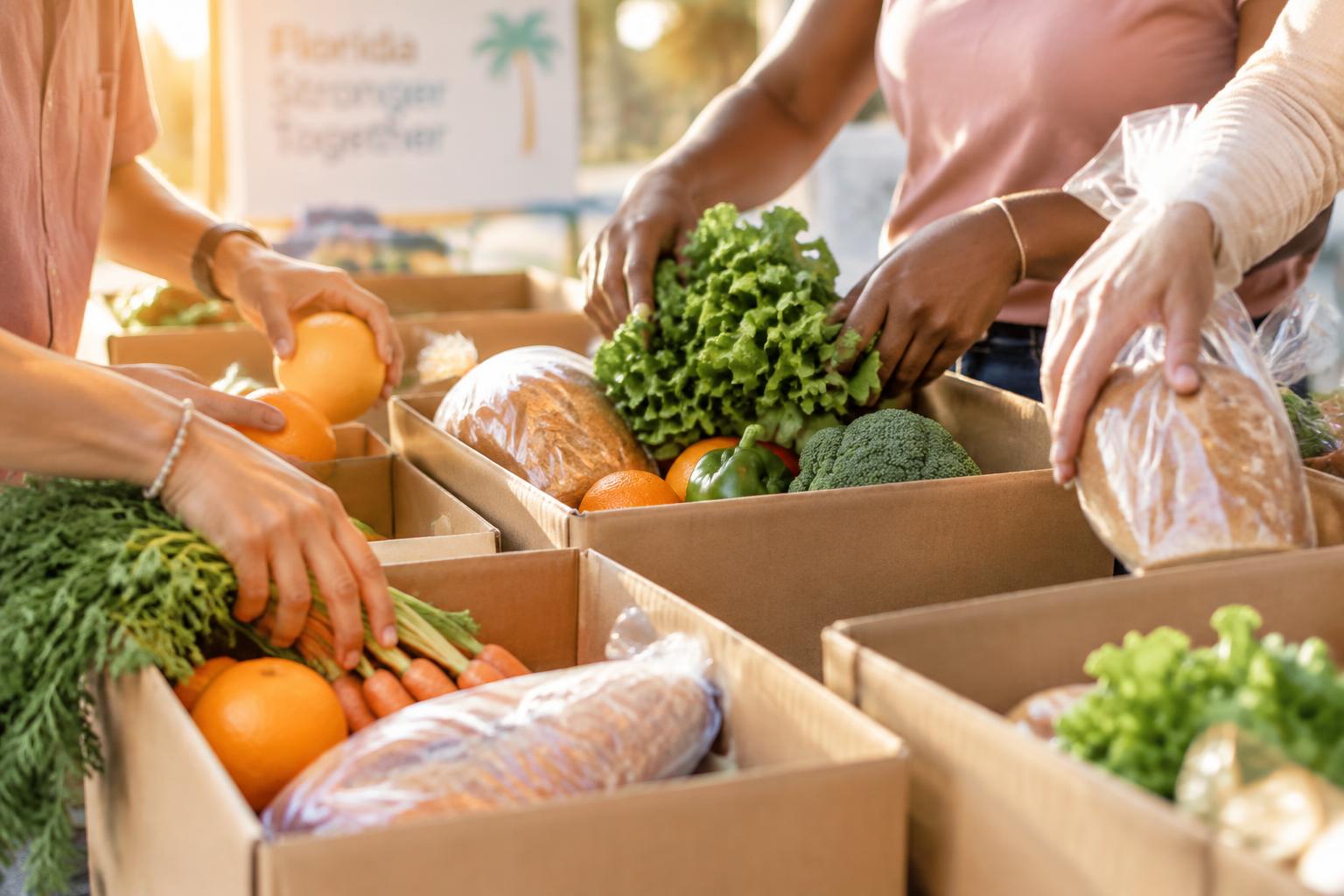 Volunteers packing fresh groceries for neighbors in need